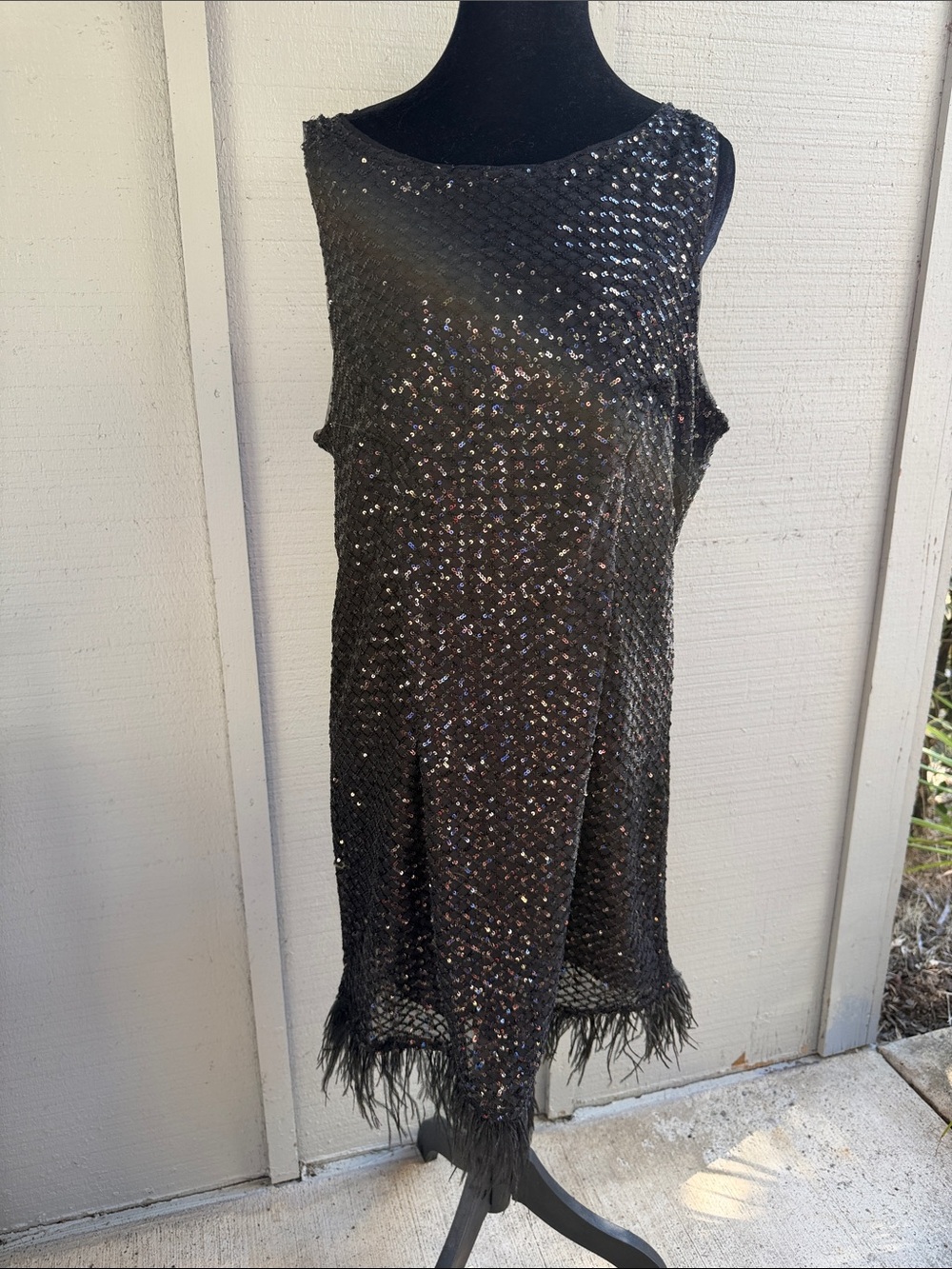 Adrianna Papell Black Sequin Fringe Midi Dress